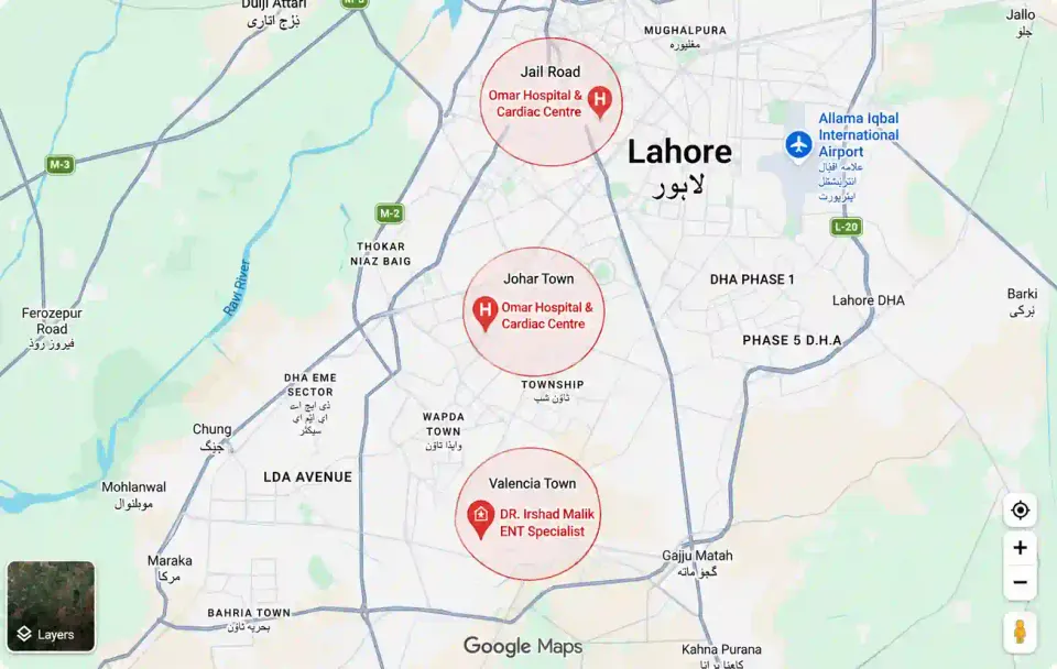 Google Map of Lahore showing all three clinic locations — Omer Hospital Jail Road, Omer Hospital Johar Town, and Dr Irshad Malik ENT Clinic Valencia Town